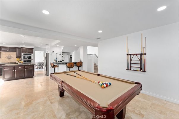 Billiard Table, Game Room, Interior, Kitchen, Recessed Lighting, Stainless Steel Appliances