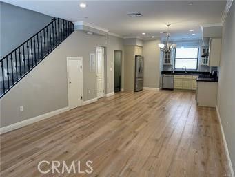 Chandelier, Empty room, Interior, Kitchen, Recessed Lighting, Wood Texture Flooring