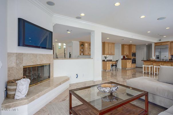 Fireplace, Interior, Kitchen, Living room, Recessed Lighting