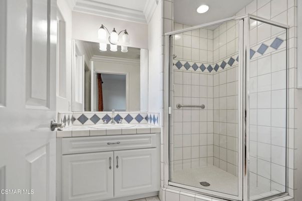 Bathroom, Glass Shower, Interior, Recessed Lighting, Tile Countertops