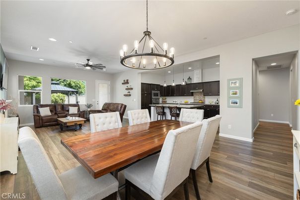 Chandelier, Dining room, Interior, Kitchen, Living room, Pendant Lights, Recessed Lighting, Wood Texture Flooring