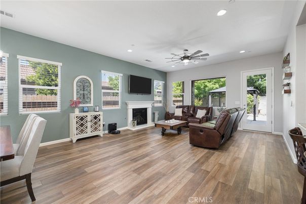Fireplace, Interior, Living room, Recessed Lighting, Wood Texture Flooring