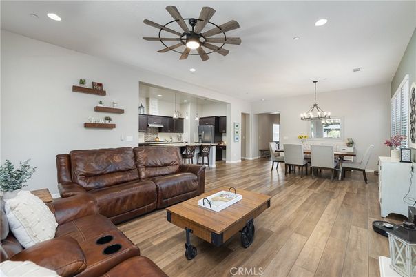 Chandelier, Dining room, Interior, Kitchen, Living room, Recessed Lighting, Wood Texture Flooring