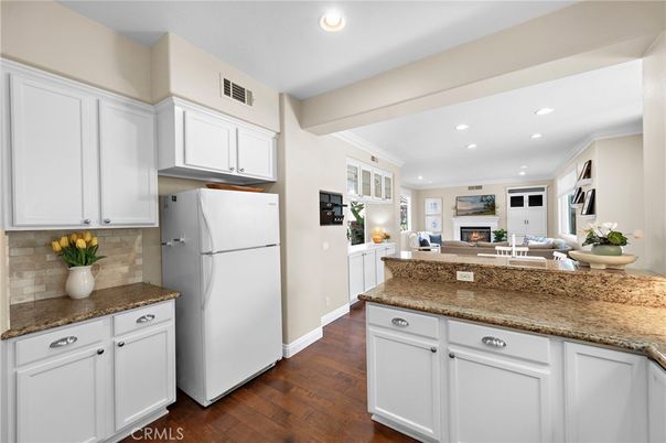 Fireplace, Interior, Kitchen, Living room, Recessed Lighting, Wood Texture Flooring