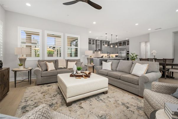 Dining room, Interior, Kitchen, Living room, Pendant Lights, Recessed Lighting, Stainless Steel Appliances, Wood Texture Flooring