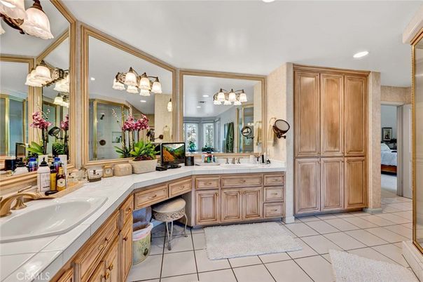 Bathroom, Dual Sink Vanities, Interior, Recessed Lighting, Tile Countertops