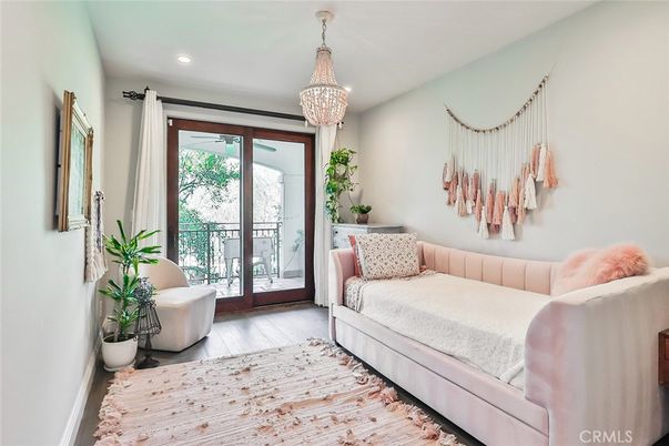 Bedroom, Chandelier, Interior, Recessed Lighting, Wood Texture Flooring
