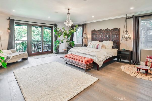 Bedroom, Chandelier, Interior, Recessed Lighting, Wood Texture Flooring