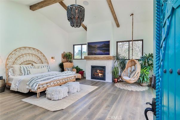 Bedroom, Fireplace, Interior, Pendant Lights, Wooden Beams, Wood Texture Flooring