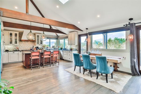 Interior, Kitchen, Pendant Lights, Recessed Lighting, Wooden Beams, Wood Texture Flooring