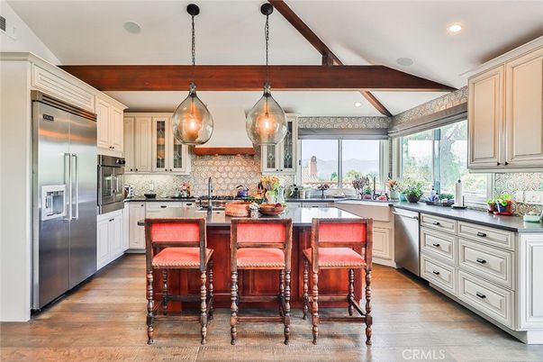 Interior, Kitchen, Pendant Lights, Recessed Lighting, Stainless Steel Appliances, Wooden Beams, Wood Texture Flooring