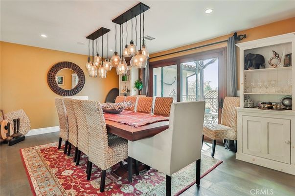Dining room, Interior, Pendant Lights, Recessed Lighting, Wood Texture Flooring