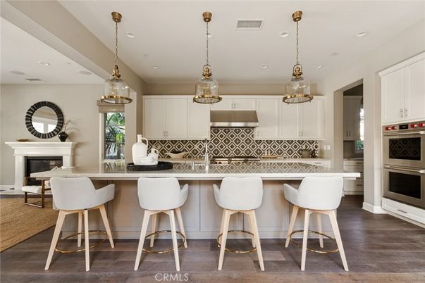 Fireplace, Interior, Kitchen, Pendant Lights, Recessed Lighting, Stainless Steel Appliances, Wood Texture Flooring