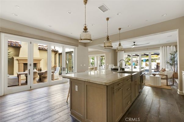 Fireplace, Interior, Kitchen, Living room, Pendant Lights, Recessed Lighting, Wood Texture Flooring