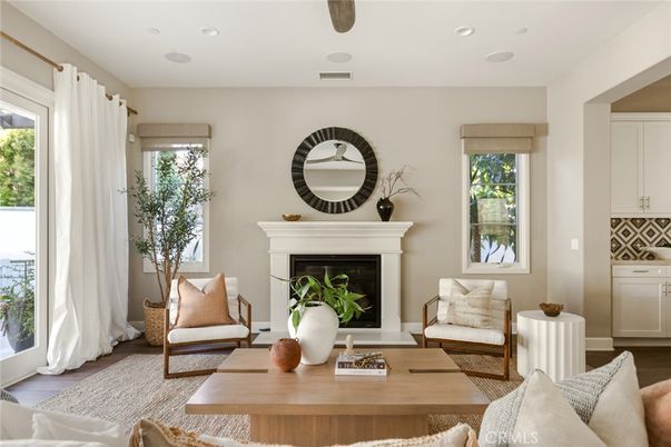 Fireplace, Interior, Living room, Recessed Lighting, Wood Texture Flooring