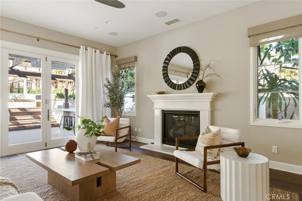 Fireplace, Interior, Living room, Recessed Lighting, Wood Texture Flooring