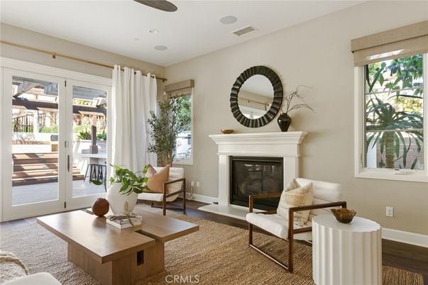 Fireplace, Interior, Living room, Recessed Lighting, Wood Texture Flooring