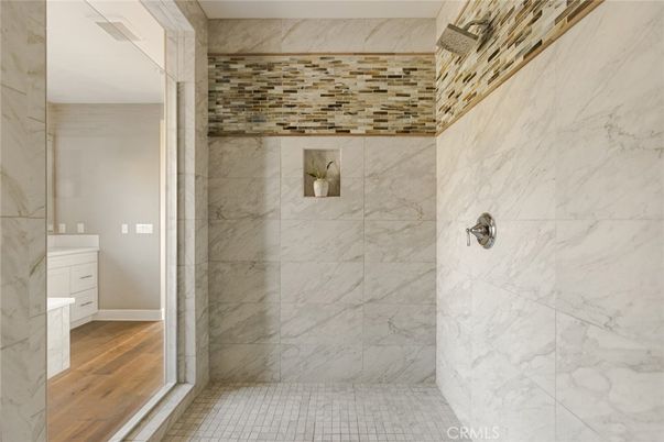 Bathroom, Interior, Marble Walls, Wood Texture Flooring