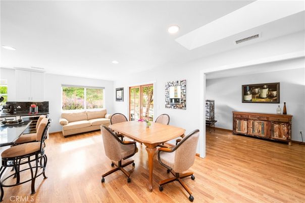 Dining room, Interior, Living room, Recessed Lighting, Wood Texture Flooring