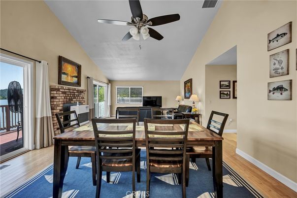 Dining room, Fireplace, Interior, Stone Walls, Wood Texture Flooring