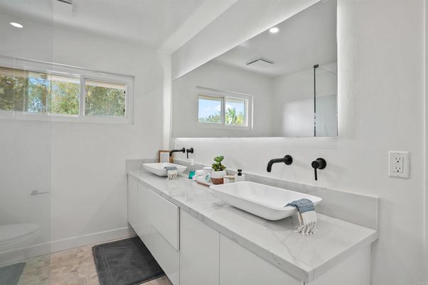 Bathroom, Dual Sink Vanities, Glass Shower, Interior, Recessed Lighting
