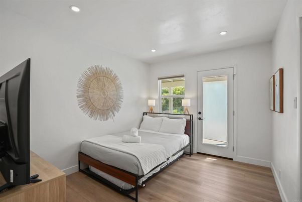 Bedroom, Interior, Recessed Lighting, Wood Texture Flooring