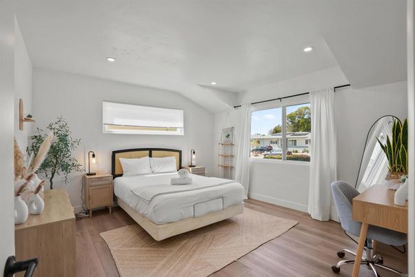 Bedroom, Interior, Recessed Lighting, Wood Texture Flooring