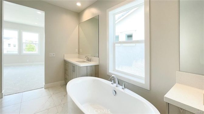 Bathroom, Dual Sink Vanities, Free Standing Baths, Interior, Marble, Recessed Lighting