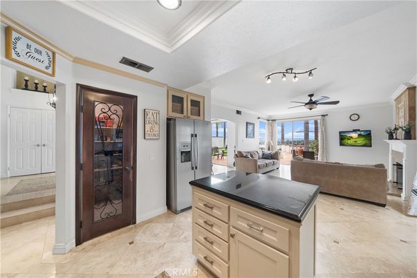 Fireplace, Interior, Kitchen, Living room, Recessed Lighting, Stainless Steel Appliances