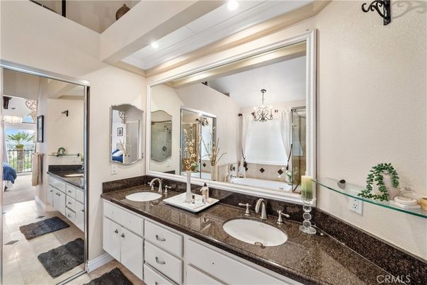 Bathroom, Chandelier, Dual Sink Vanities, Interior, Recessed Lighting