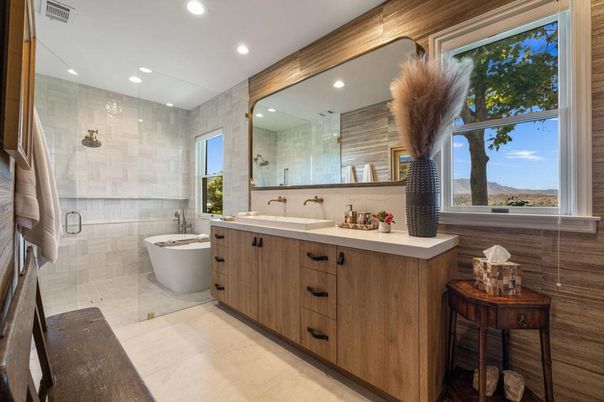 Bathroom, Dual Sink Vanities, Free Standing Baths, Glass Shower, Interior, Recessed Lighting