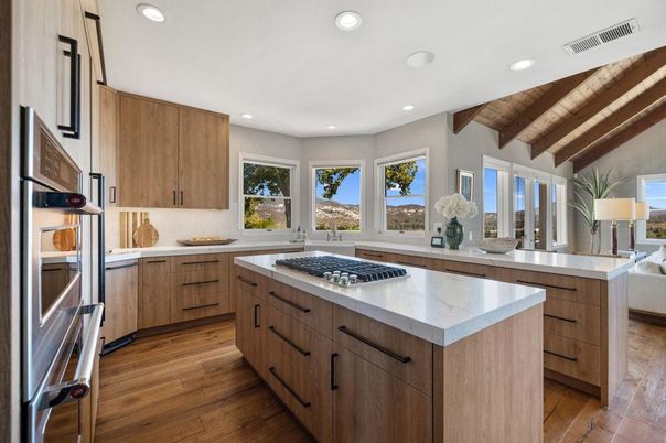 Interior, Kitchen, Recessed Lighting, Stainless Steel Appliances, Wooden Beams, Wooden Ceilings, Wood Texture Flooring