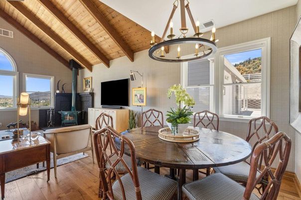 Chandelier, Dining room, Interior, Pendant Lights, Wooden Beams, Wooden Ceilings, Wood Texture Flooring