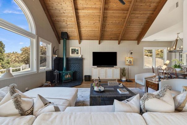 Chandelier, Dining room, Fireplace, Interior, Living room, Wooden Beams, Wooden Ceilings, Wood Texture Flooring
