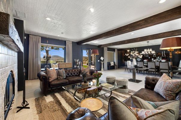 Chandelier, Dining room, Fireplace, Interior, Living room, Recessed Lighting, Wooden Beams