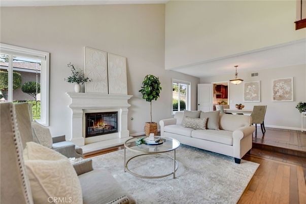 Dining room, Fireplace, Interior, Living room, Pendant Lights, Wood Texture Flooring
