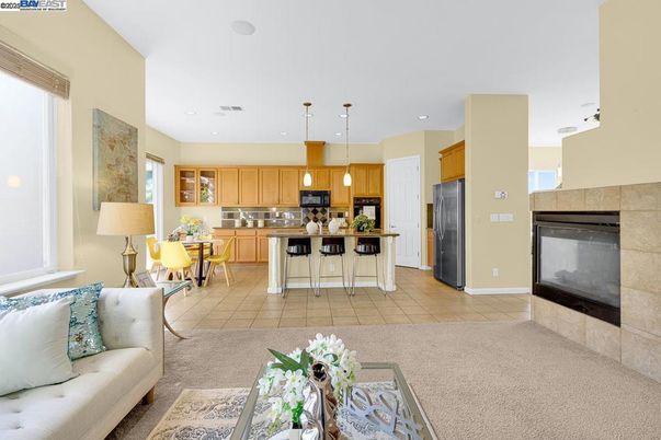 Dining room, Fireplace, Interior, Kitchen, Living room, Pendant Lights, Recessed Lighting