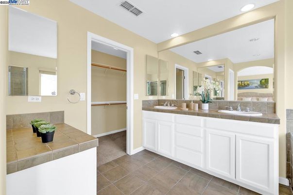 Bathroom, Dual Sink Vanities, Interior, Recessed Lighting, Tile Countertops