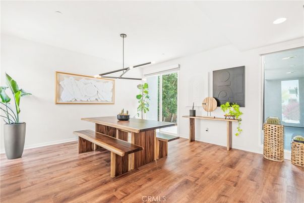 Dining room, Interior, Pendant Lights, Recessed Lighting, Wood Texture Flooring