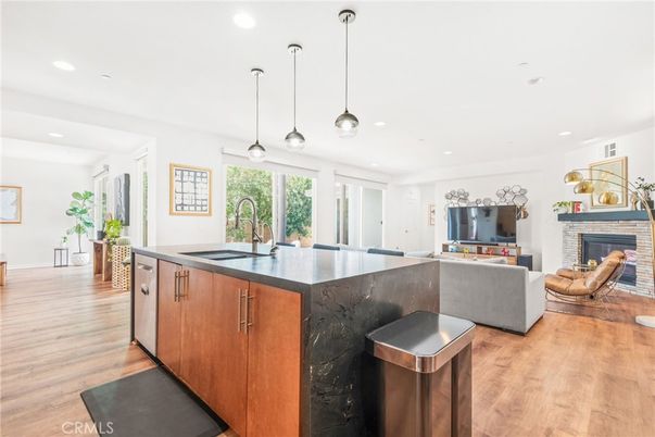 Fireplace, Interior, Kitchen, Living room, Pendant Lights, Recessed Lighting, Wood Texture Flooring