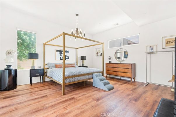 Bedroom, Interior, Pendant Lights, Wood Texture Flooring