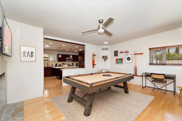 Billiard Table, Game Room, Interior, Kitchen, Pendant Lights, Recessed Lighting, Wood Texture Flooring