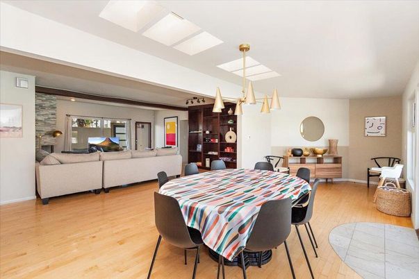 Dining room, Interior, Living room, Pendant Lights, Wood Texture Flooring