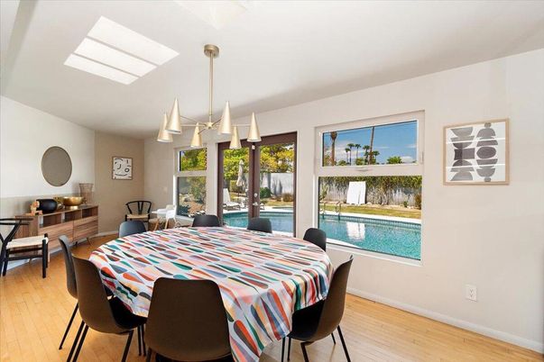 Dining room, Interior, Pendant Lights, Wood Texture Flooring