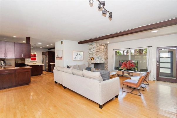 Fireplace, Interior, Kitchen, Living room, Pendant Lights, Recessed Lighting, Stone Walls, Wooden Beams, Wood Texture Flooring