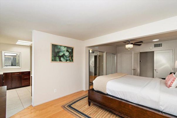Bedroom, Interior, Recessed Lighting, Wood Texture Flooring
