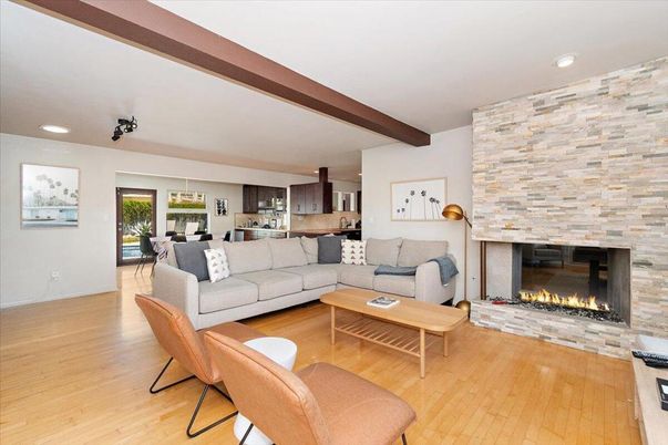 Fireplace, Interior, Kitchen, Living room, Recessed Lighting, Stone Walls, Wooden Beams, Wood Texture Flooring
