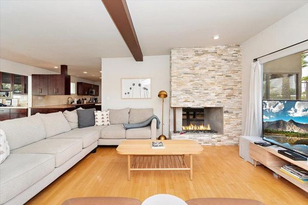 Fireplace, Interior, Kitchen, Living room, Recessed Lighting, Stone Walls, Wooden Beams, Wood Texture Flooring