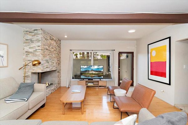 Fireplace, Interior, Living room, Recessed Lighting, Stone Walls, Wooden Beams, Wood Texture Flooring