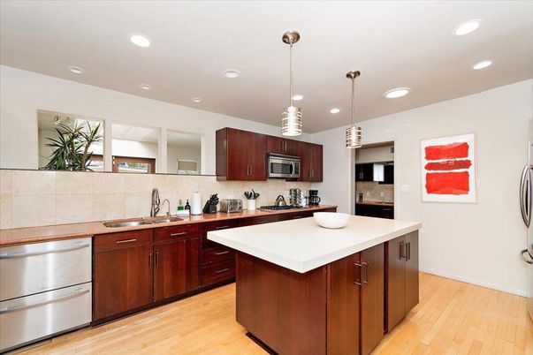 Interior, Kitchen, Pendant Lights, Recessed Lighting, Stainless Steel Appliances, Wood Texture Flooring